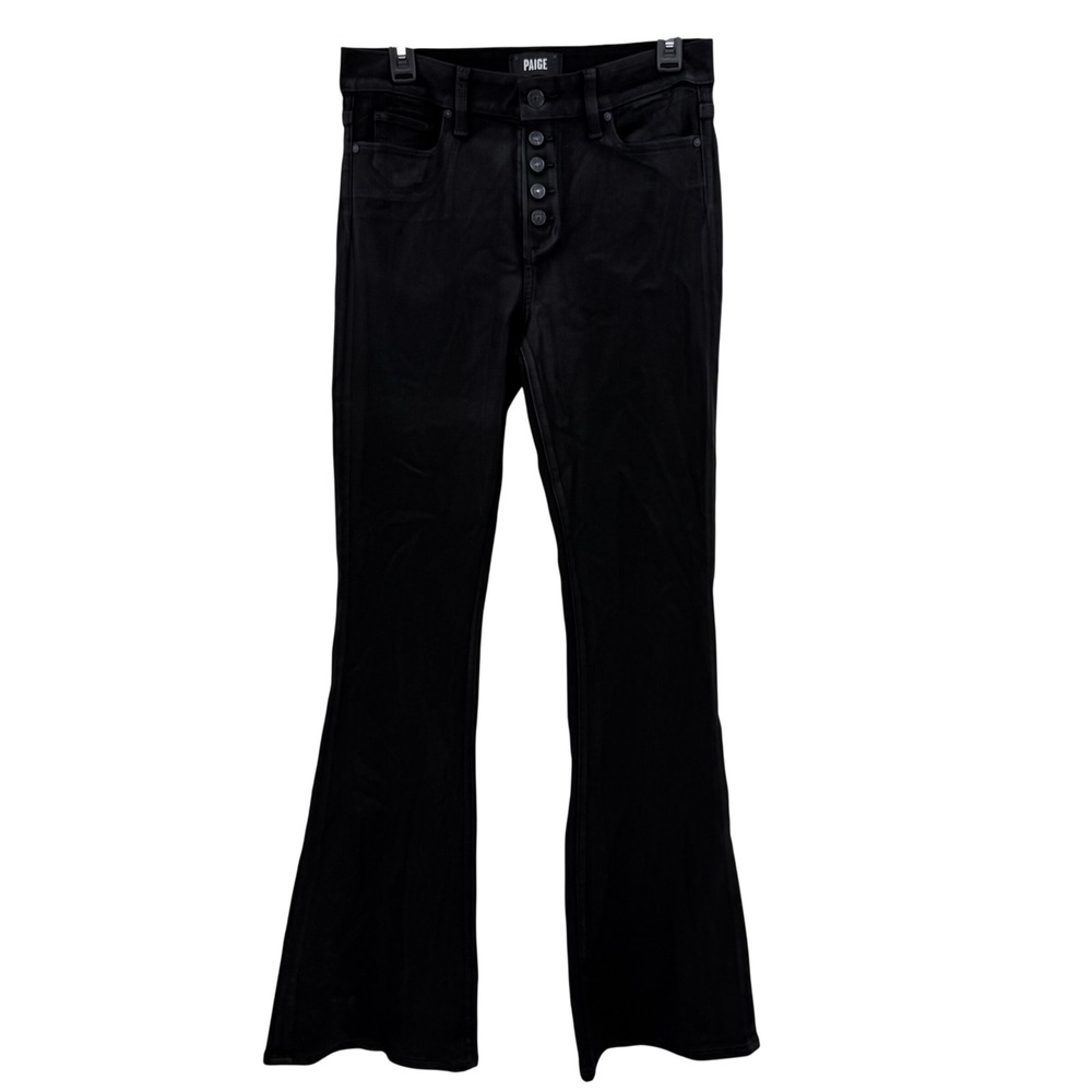 PAIGE High Rise Lou Lou Flare Jeans Black Fog Button Fly Waxed Coated Denim 29